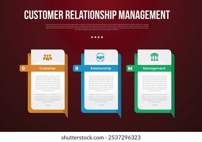 CRM infographic template with creative rectangle box with sharp callout bottom with dark background style with 3 point for slide presentation vector