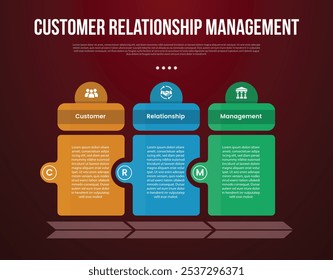 CRM infographic template with creative table with circle header and side with dark background style with 3 point for slide presentation vector