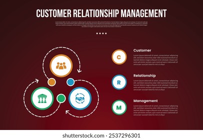 CRM infographic template with cycle circular big circle dotted line arrow with dark background style with 3 point for slide presentation vector