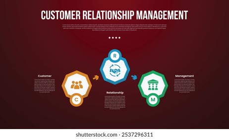 CRM infographic template with octagon shape up and down arrow direction with dark background style with 3 point for slide presentation vector