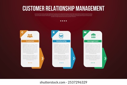 PLANTILLA de infografía de CRM con Vertical de caja rectangular y fondo de insignia de flecha con estilo de fondo oscuro con 3 puntos para Vector de presentación de diapositivas