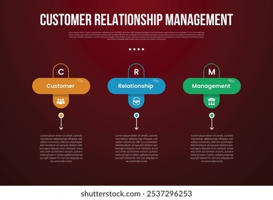 CRM infographic template with round rectangle with outline circle on top with dark background style with 3 point for slide presentation vector