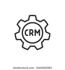 CRM dentro da engrenagem, ícone linear. Integração do sistema e gerenciamento de clientes. Linha com traçado editável.