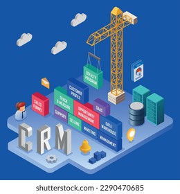 CRM isometric concept with customer loyalty building and management symbols vector illustration