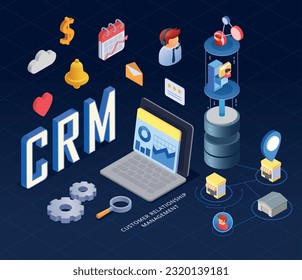CRM isometric concept with notebook and customer management symbols vector illustration
