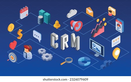 CRM isometric flowchart with customer relationship management symbols vector illustration