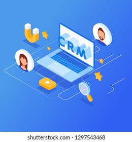CRM isometric vector illustration. Customer relationship management CRM concept. 