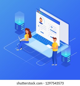 CRM isometric vector illustration. Customer relationship management CRM concept. 