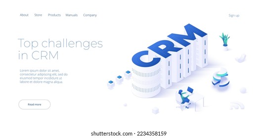 CRM isometric vector illustration. Customer relationship management concept background. Customer and company interaction approach. Web banner layout template