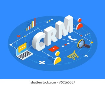 CRM isometric vector illustration. Customer relationship management concept background. Customer and company interaction approach.