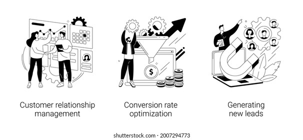 CRM lead management abstract concept vector illustration set. Customer relationship management, conversion rate optimization, generating new leads, sales data, marketing software abstract metaphor.