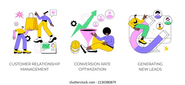 CRM lead management abstract concept vector illustration set. Customer relationship management, conversion rate optimization, generating new leads, sales data, marketing software abstract metaphor.