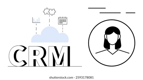 CRM lettering with cloud icon, chart, puzzle piece, calendar on left. Female user profile icon in circle on right. Ideal for SaaS presentations, business strategies, marketing materials, tech blogs