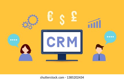 CRM lettering on the computer screen. Customer relationship management vector illustration. Software for working with clients. Modern technologies of business automation.