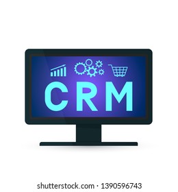 CRM lettering on the computer screen. Customer relationship management vector illustration. Modern technologies of business automation. Software for working with clients.