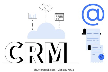 CRM letters with cloud computing connections to analytics, puzzle integration, and calendar. Ideal for business management, data organization, customer relationship, workflow automation, and email