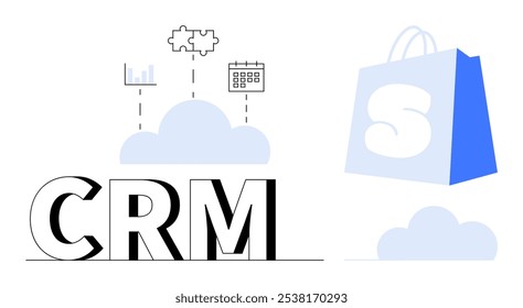 CRM letters are prominently displayed. Above are icons of a graph, puzzle piece and calendar connected to a cloud. A shopping bag icon is on the right. Ideal for digital marketing, e-commerce, CRM