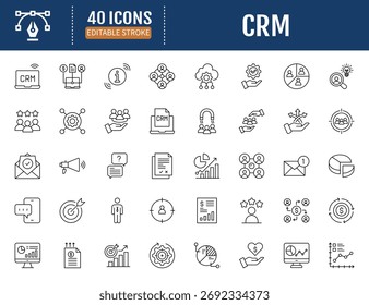 Conjunto de ícones de linha do Crm. Inclui cliente,
relacionamento, gerenciamento, fidelidade, contato, dados,
relatório e muito mais. Ilustração de vetor com editável
Traços