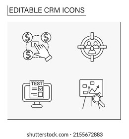 CRM line icons set. Customer relations management. Mailing list, software and researching. Business concepts. Isolated vector illustrations. Editable stroke