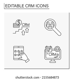 CRM line icons set. Customer relations management. Mailing list, software and researching. Business concepts. Isolated vector illustrations. Editable stroke