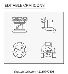 CRM line icons set. Customer relations management. Mailing list, software and researching. Business concepts. Isolated vector illustrations. Editable stroke
