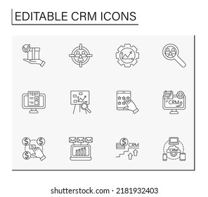 CRM Line Icons Set. Customer Relations Management. Mailing List, Software And Researching. Business Concepts. Isolated Vector Illustrations. Editable Stroke