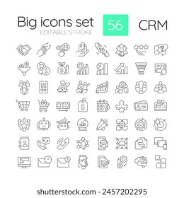 CRM linear icons set. Social marketing, media advertising. Business statistics, performance metrics. Customizable thin line symbols. Isolated vector outline illustrations. Editable stroke