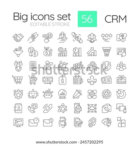 CRM linear icons set. Social marketing, media advertising. Business statistics, performance metrics. Customizable thin line symbols. Isolated vector outline illustrations. Editable stroke