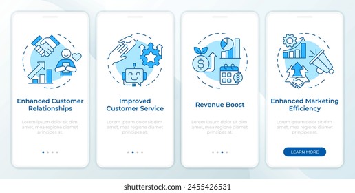 CRM management system blue onboarding mobile app screen. Walkthrough 4 steps editable graphic instructions with linear concepts. UI, UX, GUI template. Montserrat SemiBold, Regular fonts used