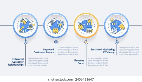 CRM management system organization circle infographic template. Data visualization with 4 steps. Editable timeline info chart. Workflow layout with line icons