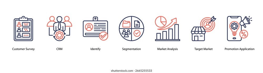 CRM and Market Analytics web banner icon vector illustration featuring Customer Survey, CRM, Identify, Segmentation, Market Analysis, Target Market, and Promotion Application.