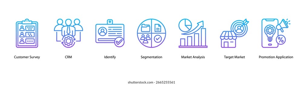 CRM and Market Analytics web banner icon vector illustration featuring Customer Survey, CRM, Identify, Segmentation, Market Analysis, Target Market, and Promotion Application.