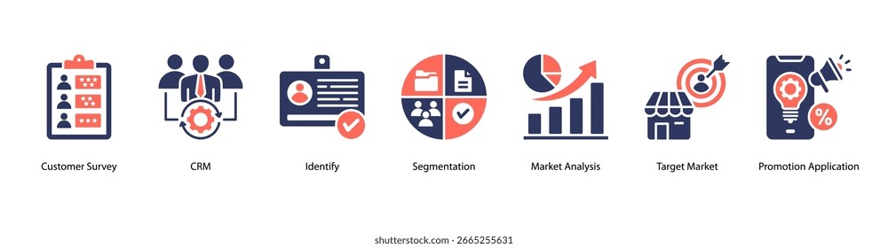 CRM and Market Analytics web banner icon vector illustration featuring Customer Survey, CRM, Identify, Segmentation, Market Analysis, Target Market, and Promotion Application.
