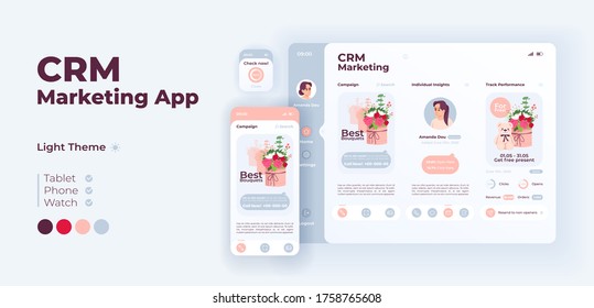 CRM Marketing-App-Bildschirm Vektorgrafik-Design-Vorlage. Tagesmodus der Account-Coupon-Anwendung mit flachen Zeichen. Mehr Engagement. Smartphone, Tablet, Smartwatch-Cartoon-Benutzeroberfläche