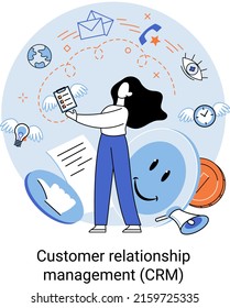 CRM metaphor. Customer Relationship Management. Application software for organizations automatisation of customer interaction strategies to increase sales, optimize marketing, improve customer service