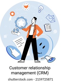 CRM metaphor. Customer Relationship Management. Application software for organizations automatisation of customer interaction strategies to increase sales, optimize marketing, improve customer service