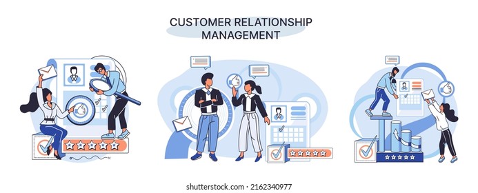 CRM metaphor. Customer Relationship Management. Application software for organizations automatisation of customer interaction strategies to increase sales, optimize marketing, improve customer service