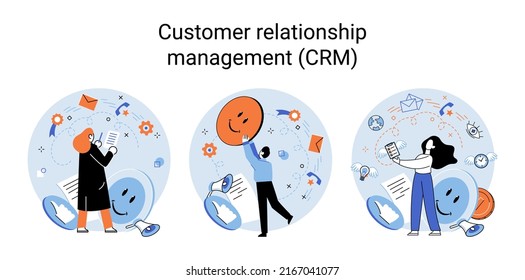 CRM metaphor. Customer Relationship Management. Application software for organizations automatisation of customer interaction strategies to increase sales, optimize marketing, improve customer service