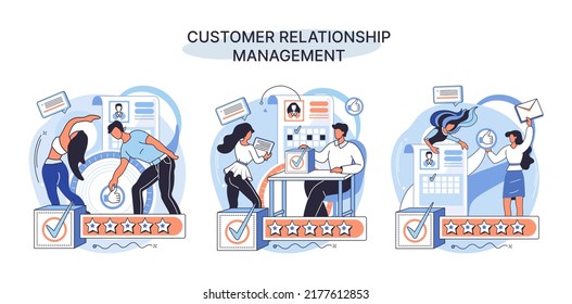 CRM metaphor. Customer Relationship Management. Application software for organizations automatisation of customer interaction strategies to increase sales, optimize marketing, improve customer service