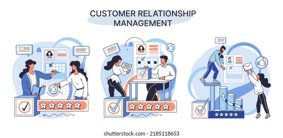 CRM metaphor. Customer Relationship Management. Application software for organizations automatisation of customer interaction strategies to increase sales, optimize marketing, improve customer service
