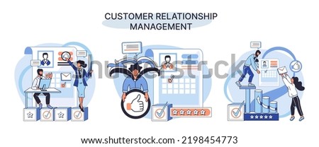 CRM metaphor. Customer Relationship Management. Application software for organizations automatisation of customer interaction strategies to increase sales, optimize marketing, improve customer service