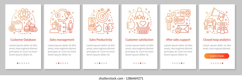 CRM mobile app page screen vector template. Customer database. Sales management and productivity. Walkthrough website steps with linear illustrations. UX, UI, GUI smartphone interface concept