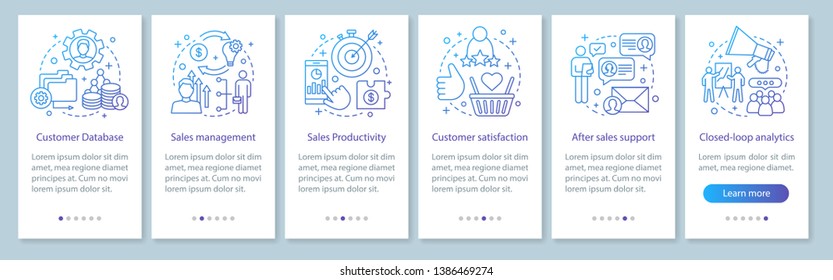 CRM mobile app page screen vector template. Customer database. Sales management. Client satisfaction. Walkthrough website steps with linear illustrations. UX, UI, GUI smartphone interface concept