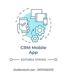 CRM Mobile App Soft Blue Concept-Symbol. Business-Management, Kommunikationsprozesse. Darstellung der runden Formlinie. Abstrakte Idee. Grafikdesign. Einfache Verwendung in Infografik, Präsentation