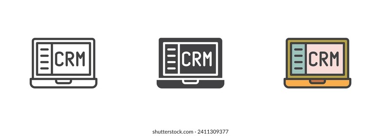 Crm notebook different style icon set. Line, glyph and filled outline colorful version, outline and filled vector sign. Customer relationship management symbol, logo illustration. Vector graphics
