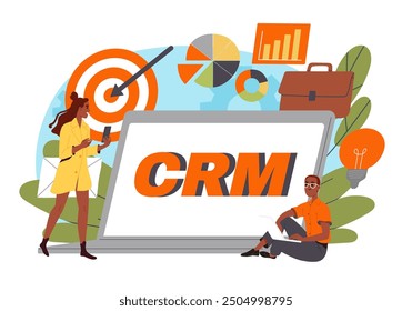 Crm on computer. Customer relationship management. User behavior analysis. Database and electronic storage or archive. People with statistics and infographics. Flat vector illustration