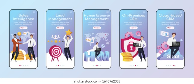 CRM options and types onboarding mobile app screen flat vector template. Sales intelligence. Walkthrough website steps with characters. UX, UI, GUI smartphone cartoon interface, case prints set