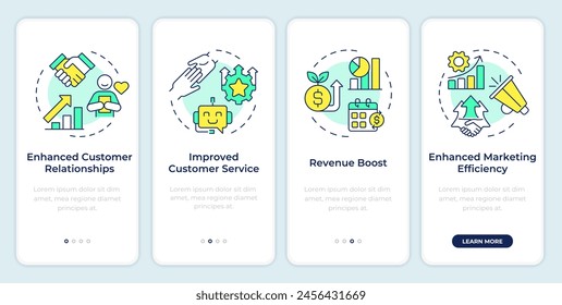 CRM organization onboarding mobile app screen. Walkthrough 4 steps editable graphic instructions with linear concepts. UI, UX, GUI template