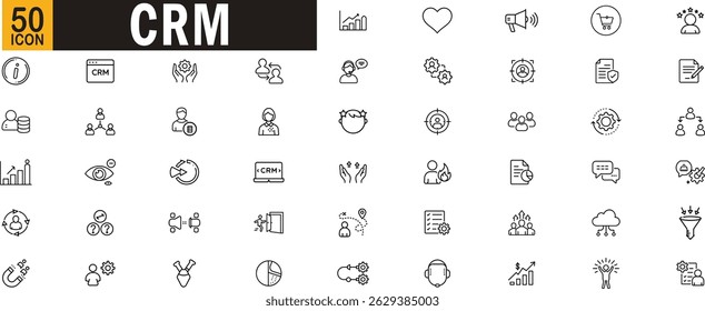 Conjunto de ícones da estrutura de tópicos do CRM. Inclui gerenciamento de clientes, controle de vendas, lógica analítica, suporte, dados do usuário, comunicação, retenção e ferramentas de automação.