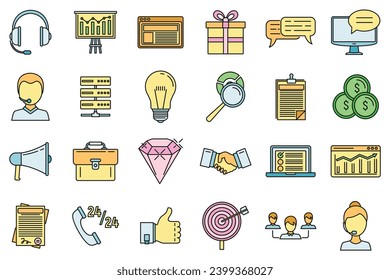 Conjunto de iconos de plataforma CRM. Conjunto de esquemas de iconos vectoriales de la plataforma CRM color de línea delgada plano sobre blanco